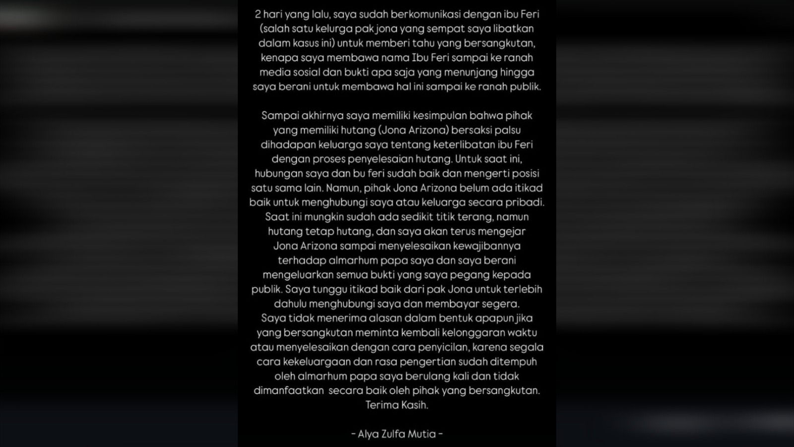 Tangkapan layar unggahan Anak almarhum Yunus Suhandi, Alya Zulfa Mutia, di akun medsosnya terkait klarifikasi dengan Wakil Ketua DPRD Kota Sukabumi, Feri Ari Astrina. Foto: Istimewa.