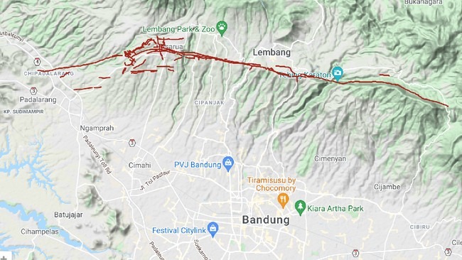 Panjang Sesar Lembang sepanjang sekitar 29 kilometer yang membentang dari Padalarang di barat hingga Cilengkrang atau Jatinangor di timur, melalui daerah seperti Lembang dan utara Bandung Raya. Foto: Istimewa.