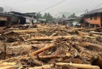 Gelondongan kayu yang terseret arus banjir bandang di Sumatera. Foto: Istimewa.