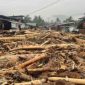 Gelondongan kayu yang terseret arus banjir bandang di Sumatera. Foto: Istimewa.