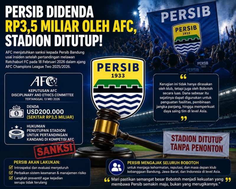 Persib menerima sanksi berupa denda sekitar Rp3,5 miliar serta hukuman penutupan stadion untuk pertandingan kandang di kompetisi AFC. (Istimewa)